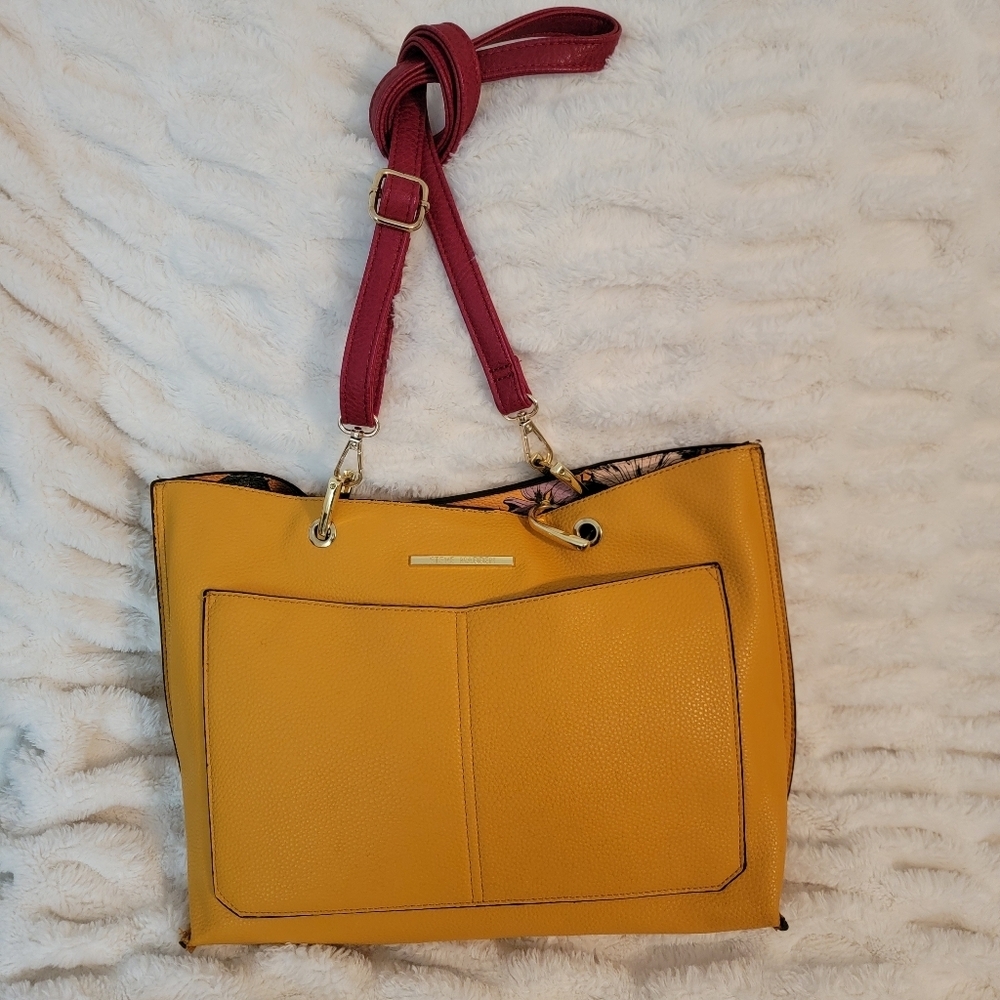 Steve Madden Yellow Tote with Berry Strap & Bonus Makeup Bag